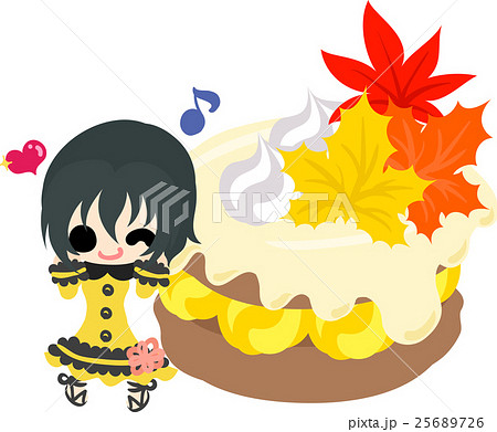 秋と女の子の可愛いイラスト 紅葉のケーキと女の子 のイラスト素材