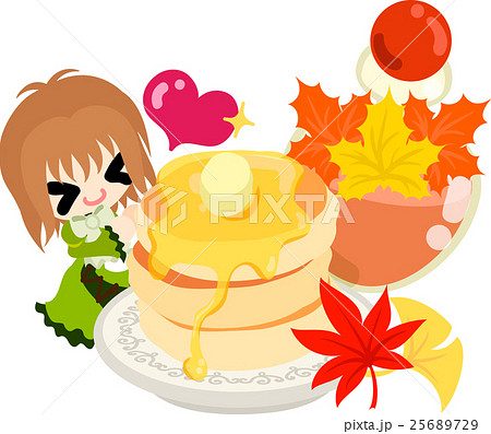 秋と女の子の可愛いイラスト メープルのパンケーキ のイラスト素材