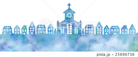 街並みと教会のシルエットのイラストのイラスト素材