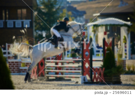 Rider on bay horse in competitions. Jumping show. 25696011