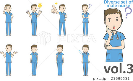 青いスクラブを着た看護師の男性vol 3 様々な表情やポーズをセット のイラスト素材