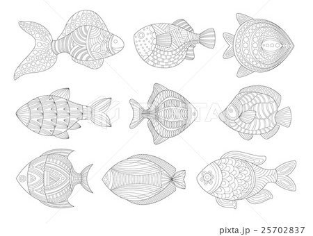 Tropical Fish Set Adult Zentangle Coloring Bookのイラスト