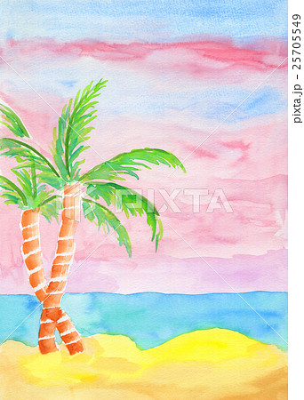 手描き水彩画で朝のビーチと海の風景のイラスト素材