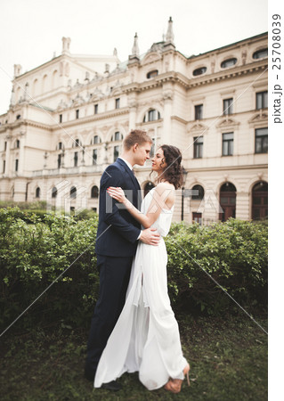 Beautiful wedding couple, bride, groom kissing and 25708039