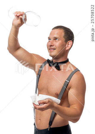 Happy muscular shirtless waiter with a glass 25708522