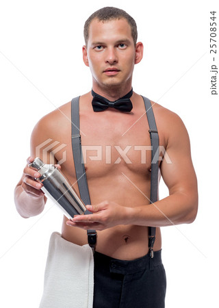 handsome young barman with shaker in hand isolated handsome young barman with shaker in hand isolated 25708544