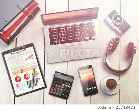 Office workplace. Wooden desk background  25713473