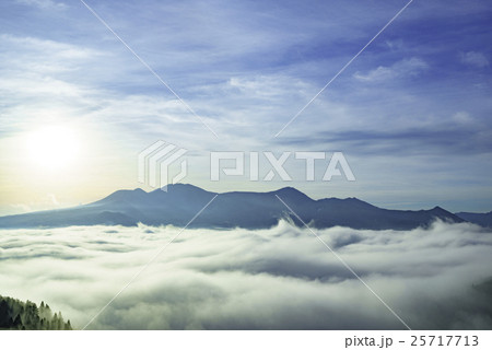 阿蘇カルデラの雲海と阿蘇五岳を太陽の周りに虹色の光の輪ハロHALO暈かさ照らす太陽環貴重奇跡の大絶景 25717713