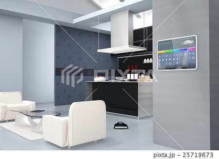 キッチンの横スマートホームコンソールパネル。タッチ操作で温度管理、換気調整などが可能。 25719673