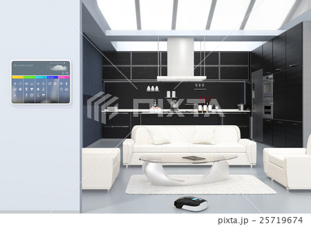 キッチンの横スマートホームコンソールパネル。タッチ操作で温度管理、換気調整などが可能。 25719674