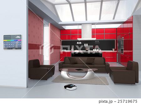 キッチンの横スマートホームコンソールパネル。タッチ操作で温度管理、換気調整などが可能。 25719675