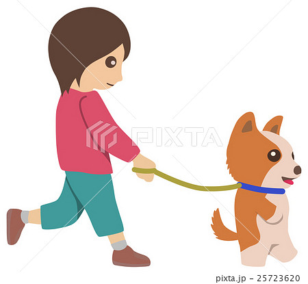 犬の散歩をする女性 横向きのイラスト素材