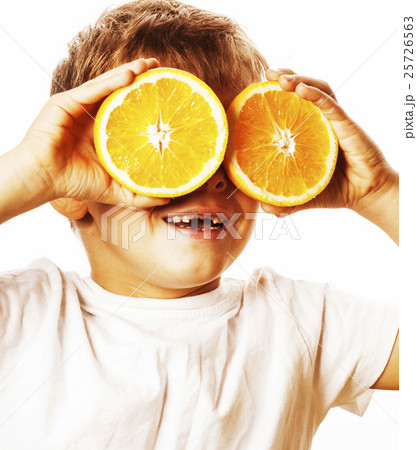 little cute boy with orange fruit double isolated little cute boy with orange fruit double isolated 25726563