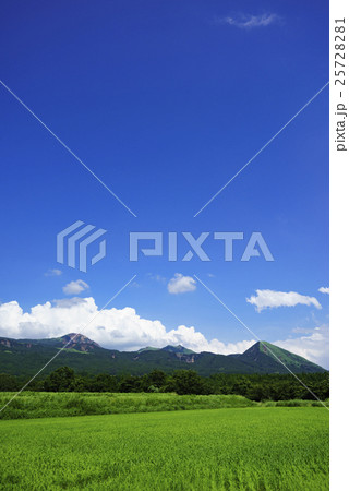 熊本地震後の南阿蘇村の新緑の牧草地と晴天の青空と白い雲と雄大な阿蘇五岳の美しいコントラストが綺麗の写真素材