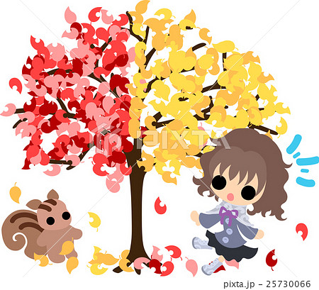 秋と女の子の可愛いイラスト 不思議な紅葉の木 のイラスト素材