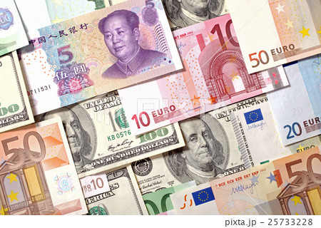 Dollars, Euro and Yuan  banknotes background 25733228