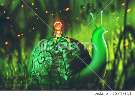 green snail with cute robot in the woods green snail with cute robot in the woods 25747311