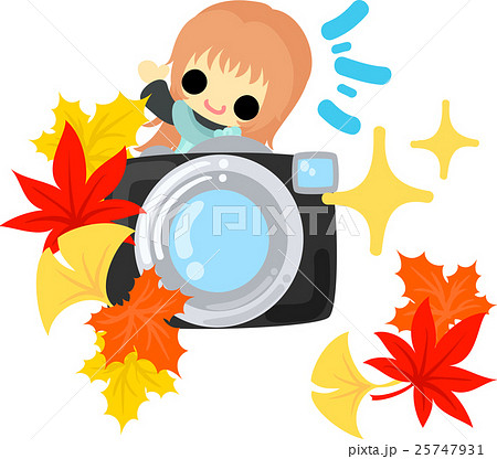 秋と女の子の可愛いイラスト カメラと紅葉 のイラスト素材