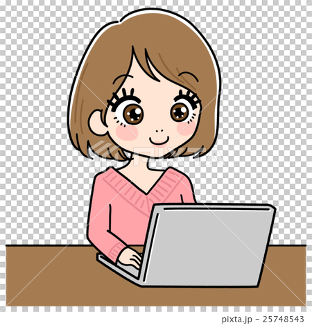 パソコンに向かう女性のイラストのイラスト素材