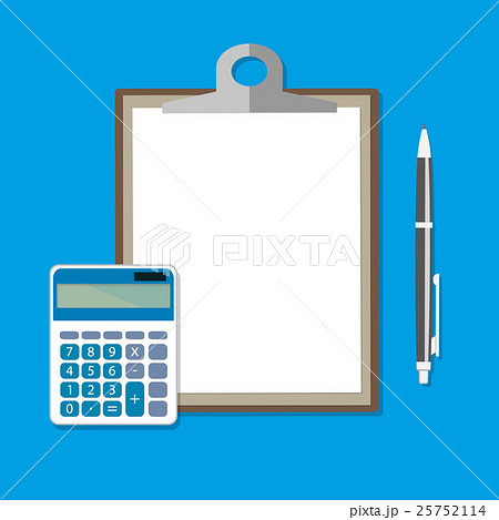 Clipboard with empty sheet, calculator and pen Clipboard with empty sheet, calculator and pen 25752114