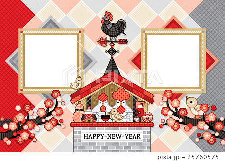 2017年酉年完成年賀状テンプレート「鶏家族と風見鶏写真フレーム」HAPPY NEW YEAR 25760575