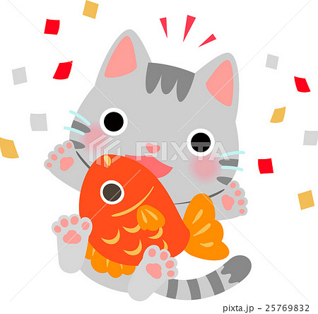 鯛を抱えた猫 めでたいのイラスト素材