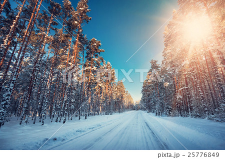 Asphalt road in snowy winter on beautiful sunny 25776849