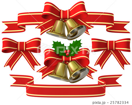 クリスマス ベル リボン 柊 セット3のイラスト素材