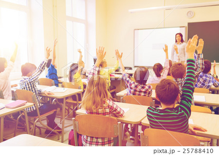 group of school kids raising hands in classroom group of school kids raising hands in classroom 25788410