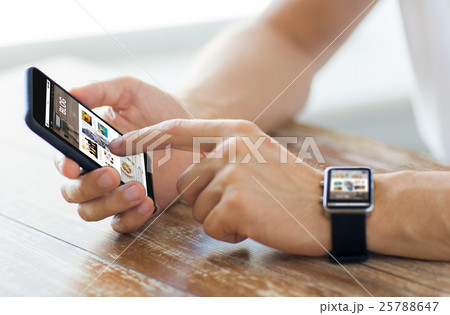 close up of hands with smart phone and watch close up of hands with smart phone and watch 25788647