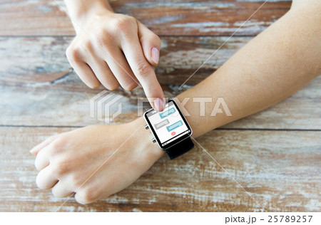 close up of hands with messenger on smart watch close up of hands with messenger on smart watch 25789257