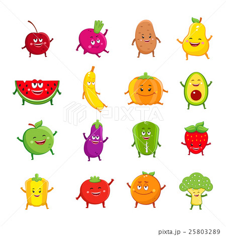 Funny fruits and vegetables characters cartoon set 25803289