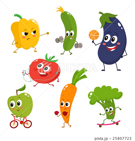 Set of funny cartoon vegetables doing sport Set of funny cartoon vegetables doing sport 25807723