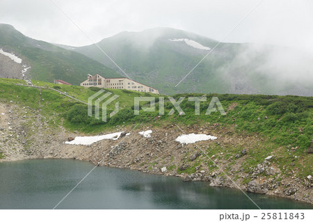 みくりが池の万年雪とホテル立山を望む、富山県 25811843