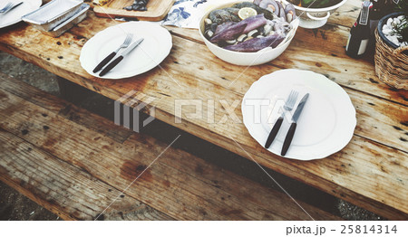 Delicious Sea Food Wooden Table Bench Shore Concept 25814314