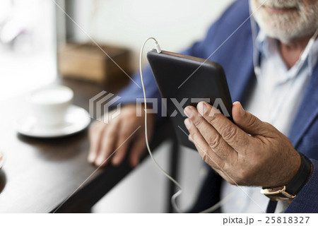 Senior Man Coffee Shop Communication Connection Technology Concept Senior Man Coffee Shop Communication Connection Technology Concept 25818327