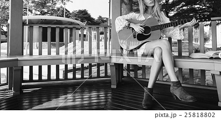 Guitar Girl Relaxation Casual Instrument Leisure Concept 25818802
