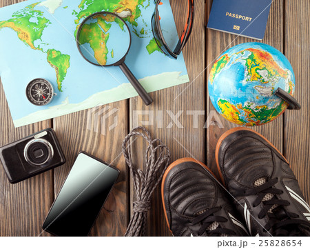 Overhead view of Traveler's accessories, Essential Overhead view of Traveler's accessories, Essential 25828654