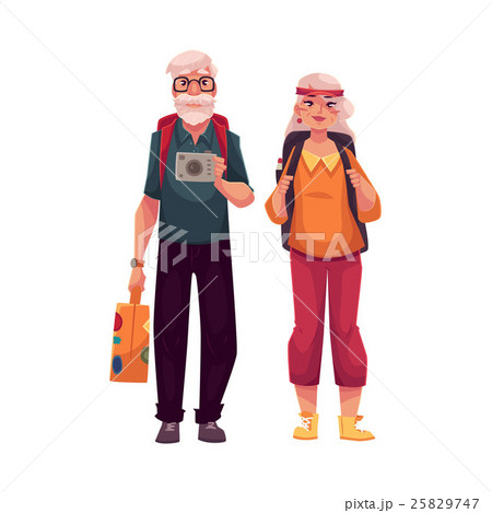 Senior, old couple travelling with backpacks 25829747