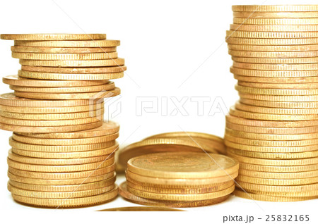 Golden coins on white background. 25832165