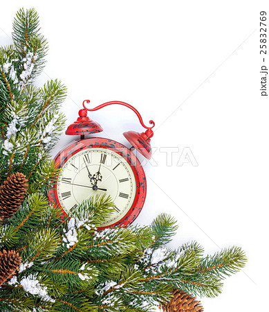 Christmas background with clock and snow fir tree 25832769