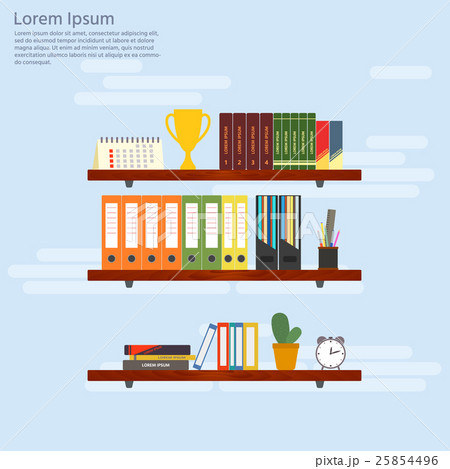 Wooden shelves with books and folders.  25854496