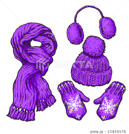 Set of purple knotted scarf, hat, ear muffs and 25859378