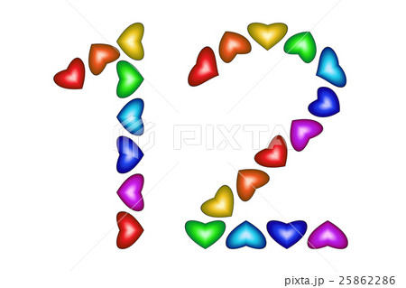 Number 12, twelve made of colorful hearts on white 25862286