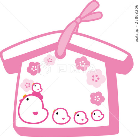 絵馬にわとり親子　酉年　梅　ピンク 25863206