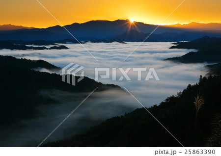 夜明けの雲海 日の出と朝焼け 奈良県野迫川村の写真素材