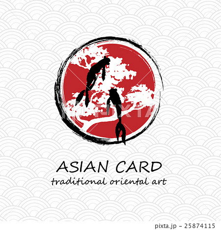 Koi fish with tree branch and red sun Koi fish with tree branch and red sun 25874115