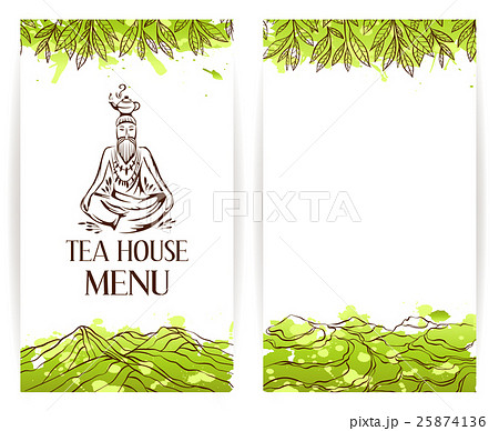 Green tea menu template. Zen monk with teapot logo 25874136
