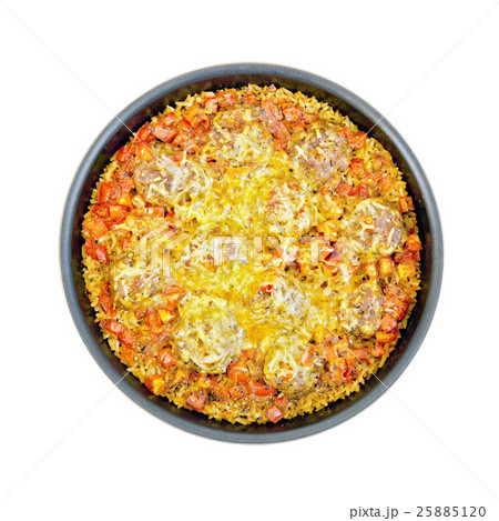 Casserole with meatballs and rice in frying pan Casserole with meatballs and rice in frying pan 25885120