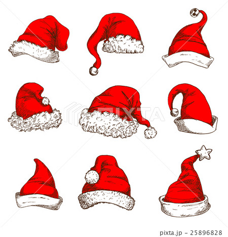 Christmas red hat or cap of Santa and elf icon set Christmas red hat or cap of Santa and elf icon set 25896828